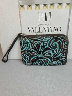 Patricia Nash Turquoise & Brown Tooled Leather Wristlet